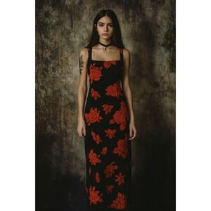 90s Y2K Whimsigoth Sz M Arden B Maxi‎ Dress BLack Red Rose Vampy Romantic Goth